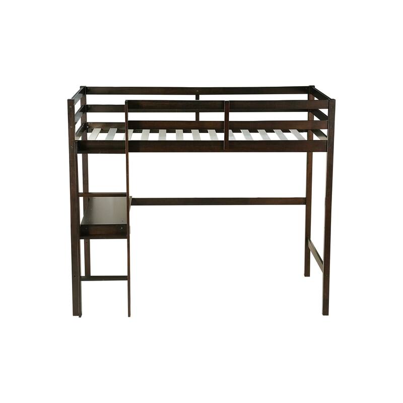 Twin High Loft Bed with Built-in Desk, Safety Guardrail, and Ladder, Espresso Finish