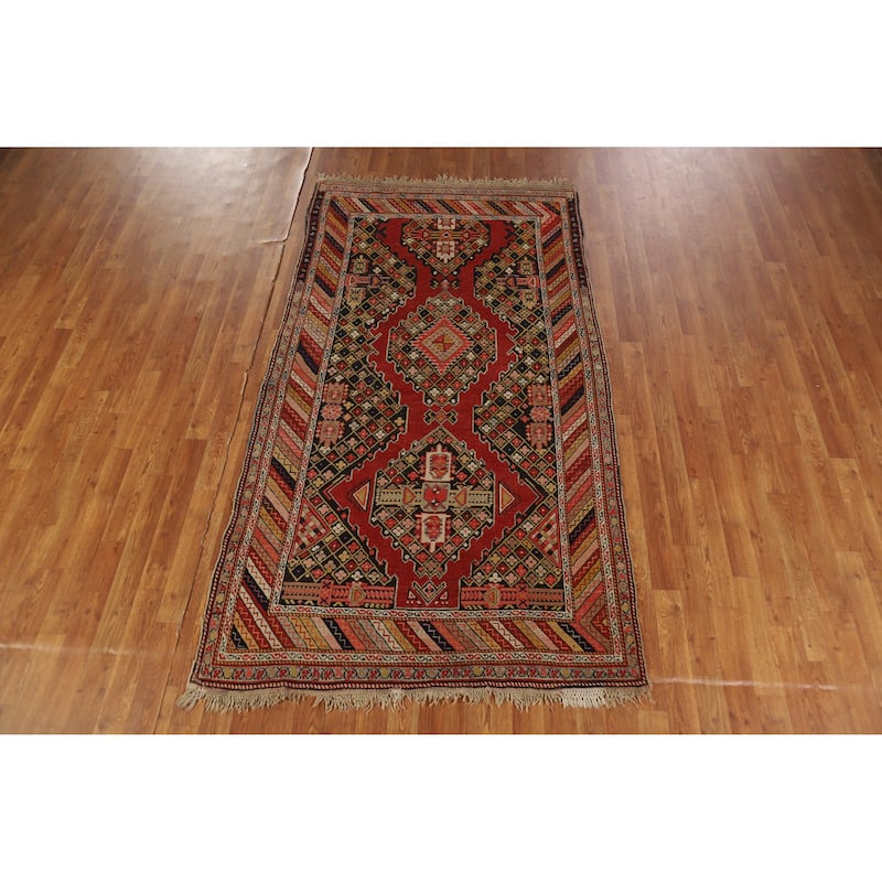 Hand Knotted Oriental 100% Wool Carpet Traditional Geometric Red Kazak Area Rug - 7' 7'' X 4' 2''