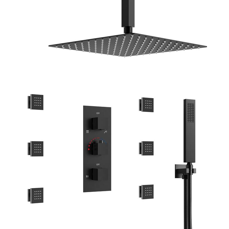 Thermostatic Shower System 12" Rain Shower Head with High Pressure Handheld Spray