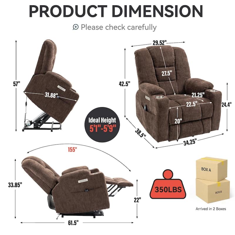 38.5"W Power Lift Recliner Chair with Massage&Heat,Ports,Cup Holders