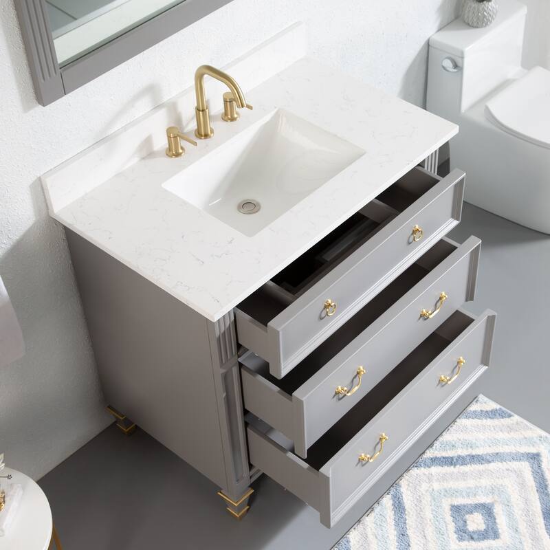 35'' H X 36'' W Solid Wood Bath Vanity with Stain-resistant Carrera White Quartz Top and Single Sink