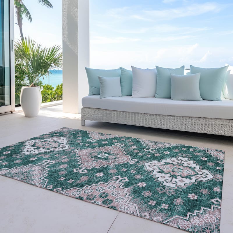 Machine Washable Indoor/ Outdoor Chantille Boho Tribal Rug - Emerald - 3' x 5'