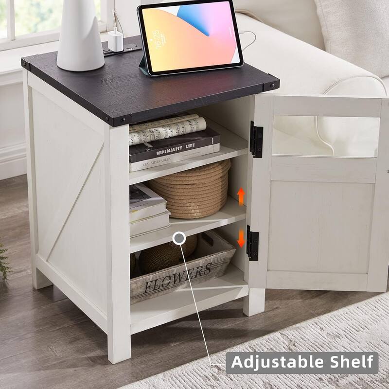 Farmhouse Nightstand with Charging Station, End Table with Barn Door