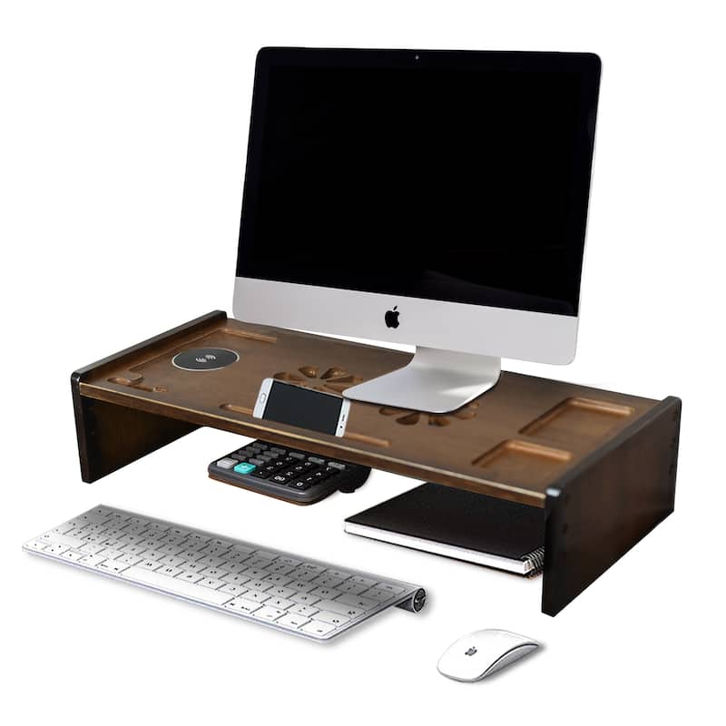 Wood Computer Monitor Stand Desktop Organizer with Drawer - Black Brown