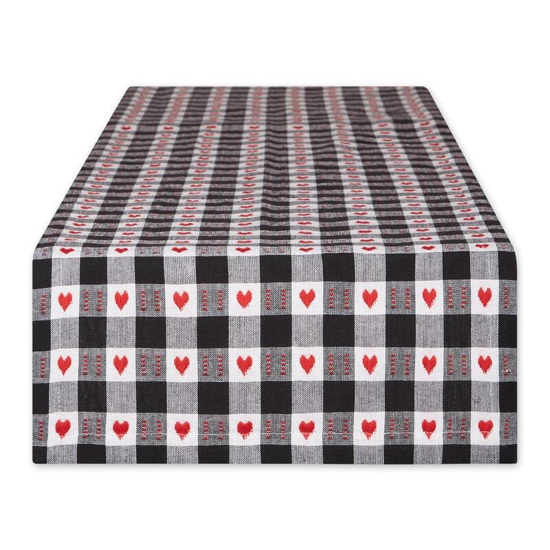 Hearts Dobby Check Table Runner 14x108 - Dobby Hearts Check