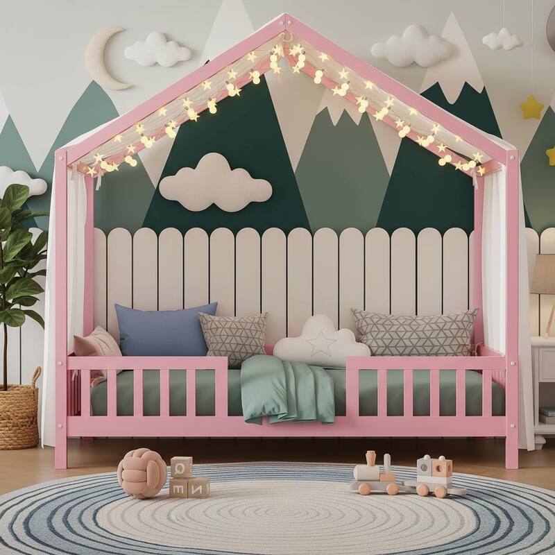 Whimsical Montessori-Inspired Floor Bed with Canopy & Full Safety Rails by Harper&Bright Designs