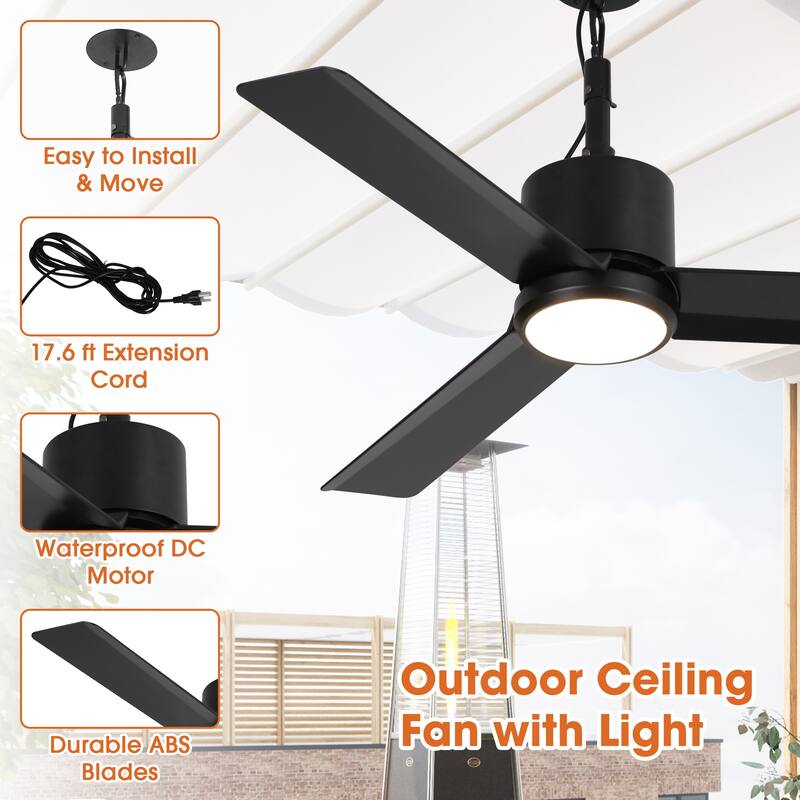 42" Modern Black Waterproof Wet Outdoor Gazebo Ceiling Fan with Light and Hook