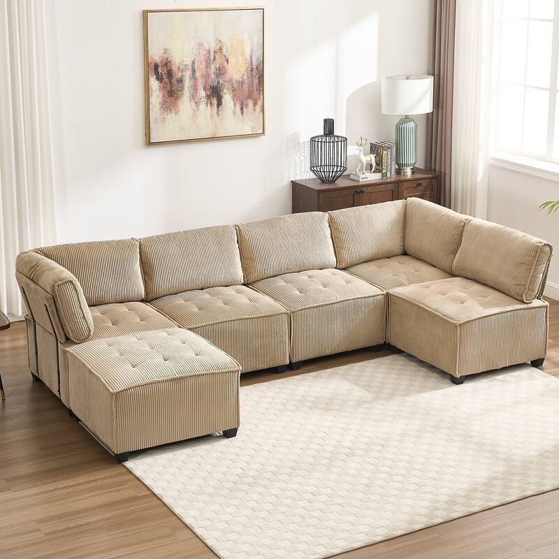 Ergonomic Lounge Modular Couch Corduroy Sectional Sofa with Deep Seat Ottoman Chaise and High-Rebound Thick Cushions