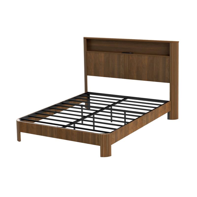 Queen Size Bed Frame with Storage Headboard, Built-in Charging Station, Wavy Design, Silent Operation, Walnut Finish