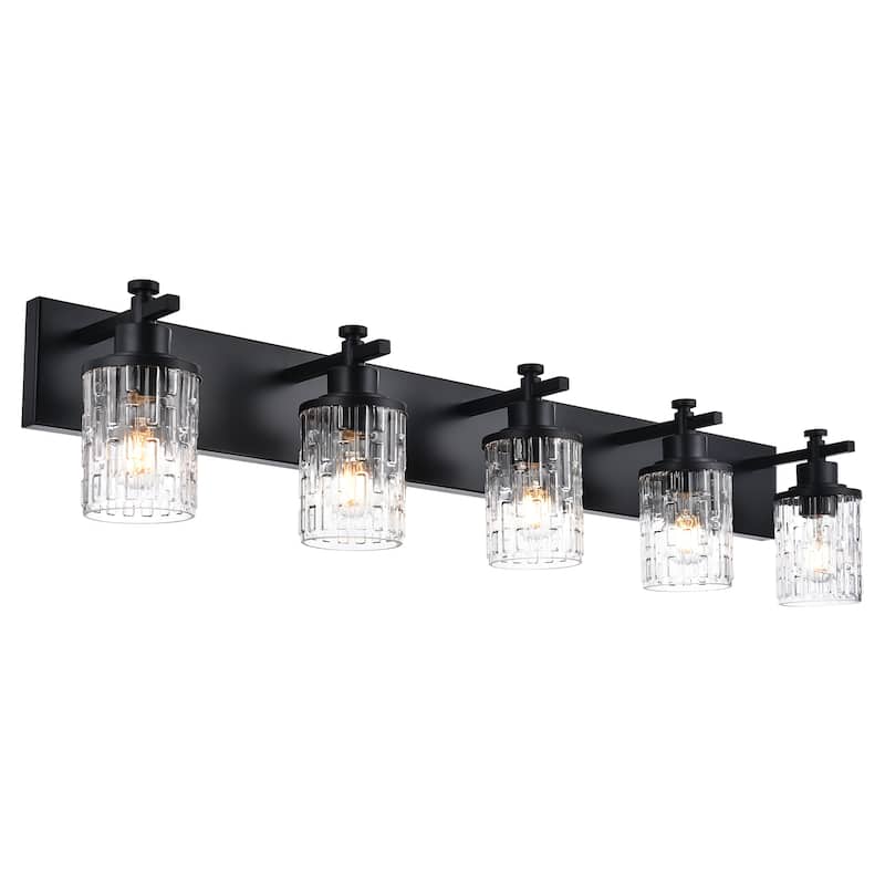 Industrial Bathroom Lights with Clear Grid Glass - Brushed Nickel - 5-Lights