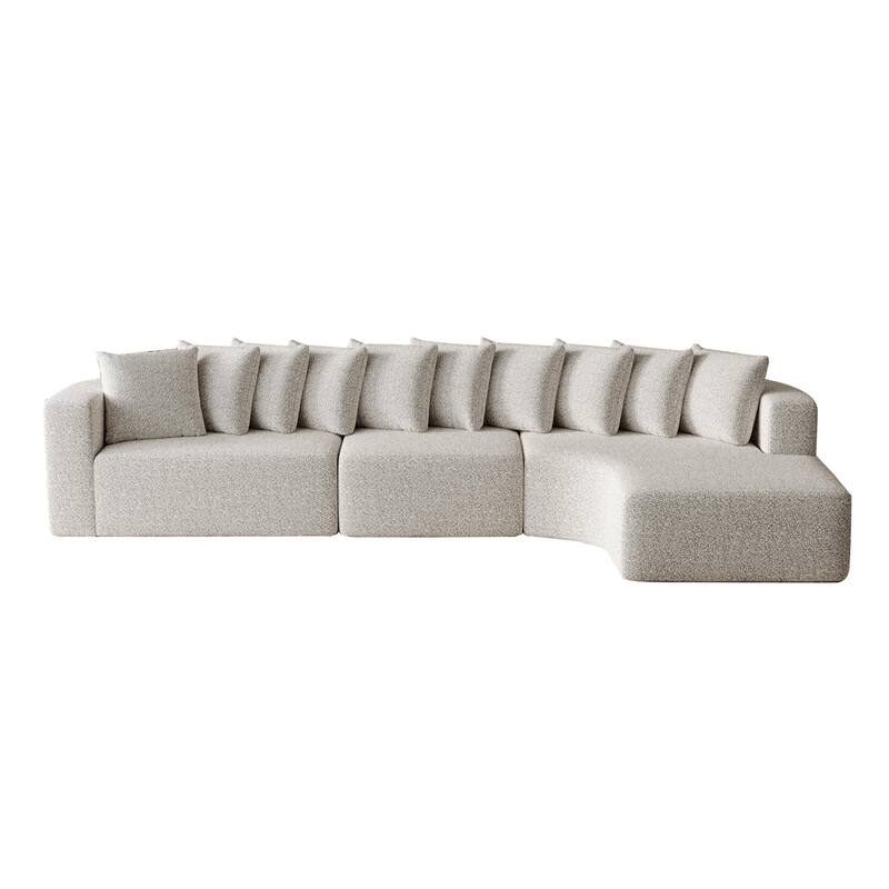 Living Room Chenille Corner Couch Curved Sectional Sofa with Chaise and 10 Pillows, Floor Standing Modular Compressed Sofa