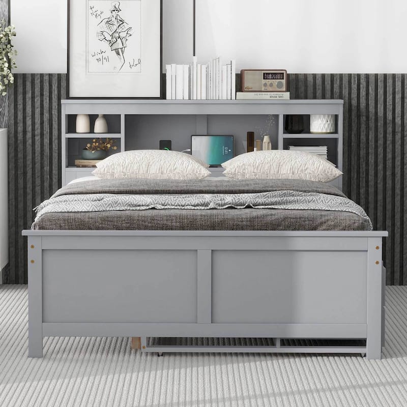 Twin & Full Size Platform Bed with Storage Headboard, USB, Twin Size Trundle and 3 Drawers - Gray - Full