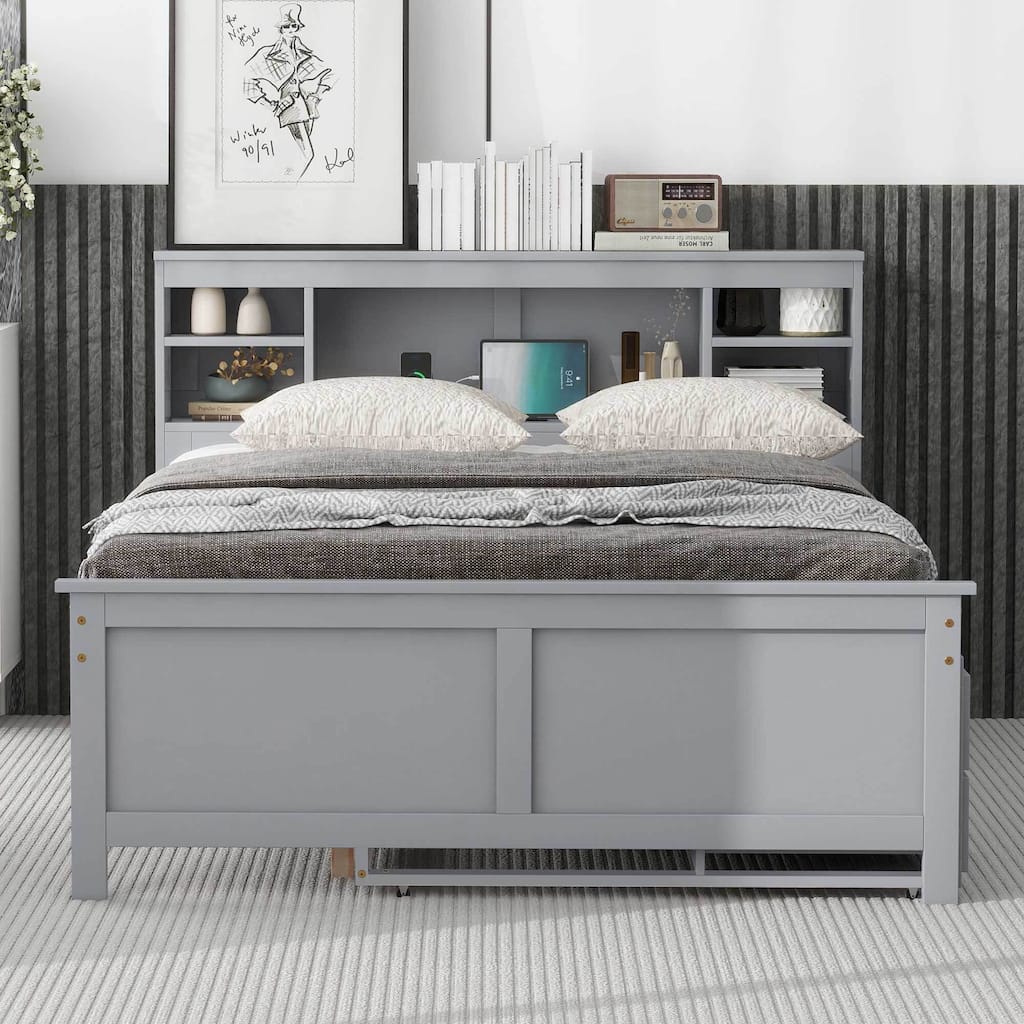 Twin & Full Size Platform Bed with Storage Headboard, USB, Twin Size Trundle and 3 Drawers