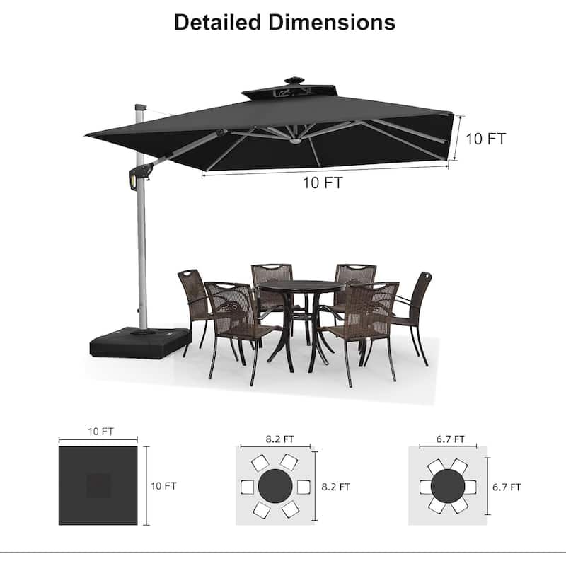 PURPLE LEAF 10 ft Double Top LED Square Patio Cantilever Umbrella with Base