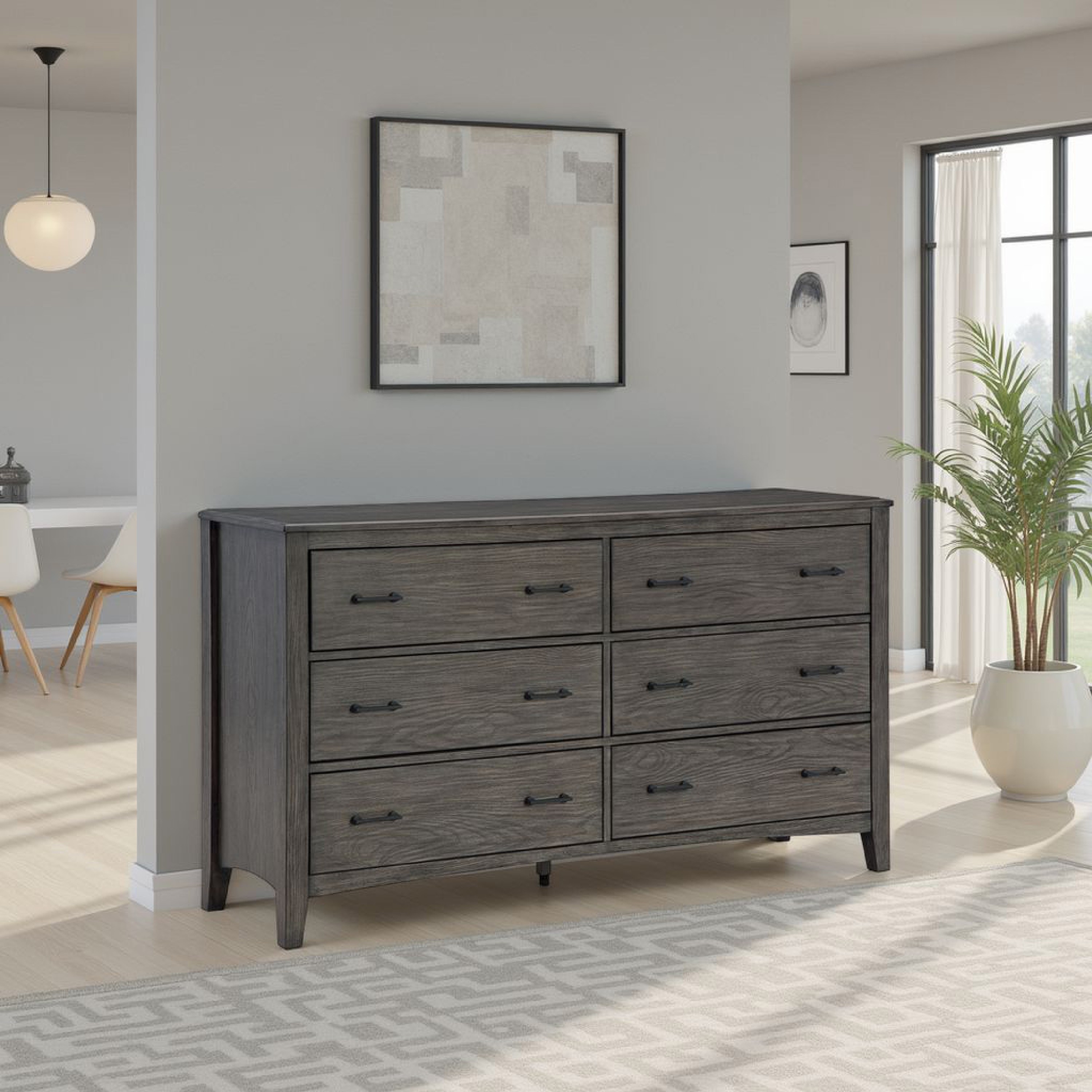 Illian Wide Dresser, 6 Drawers, Bar Handles, Gray Brown Solid Hardwood