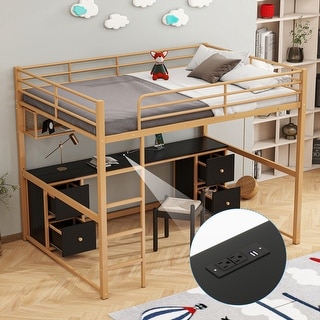 Full Metal Loft Bed w/Desk, Drawers & Bedside Tray, Charging, USB & Socket, Metal Bed Frame with Ladder & Guardrails,Gold+Black