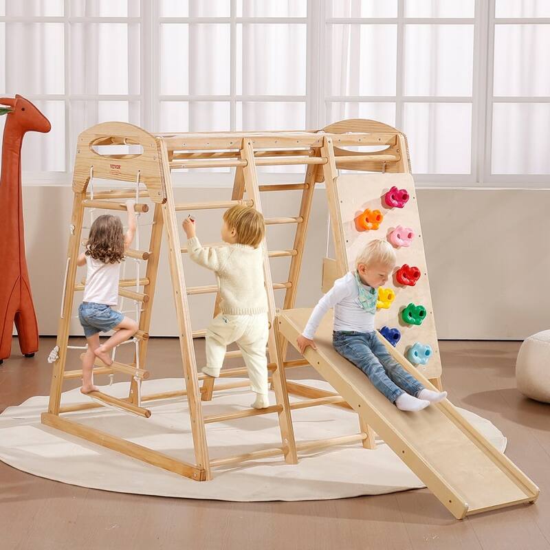 7-in-1 Kids Climbing Gym Indoor Playset, Wooden Slide Swing Monkey Bars Rope and Net Ladder - 43 x 47.2 x 47 inch
