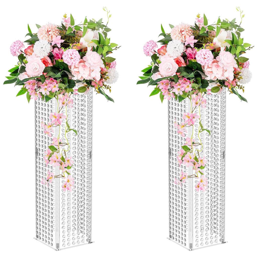 Clear Acrylic Tall Vases for Centerpieces - 2 Pcs Acrylic Column Flower Stand with Chandelier Crystals,31.5 inch Vase Stand