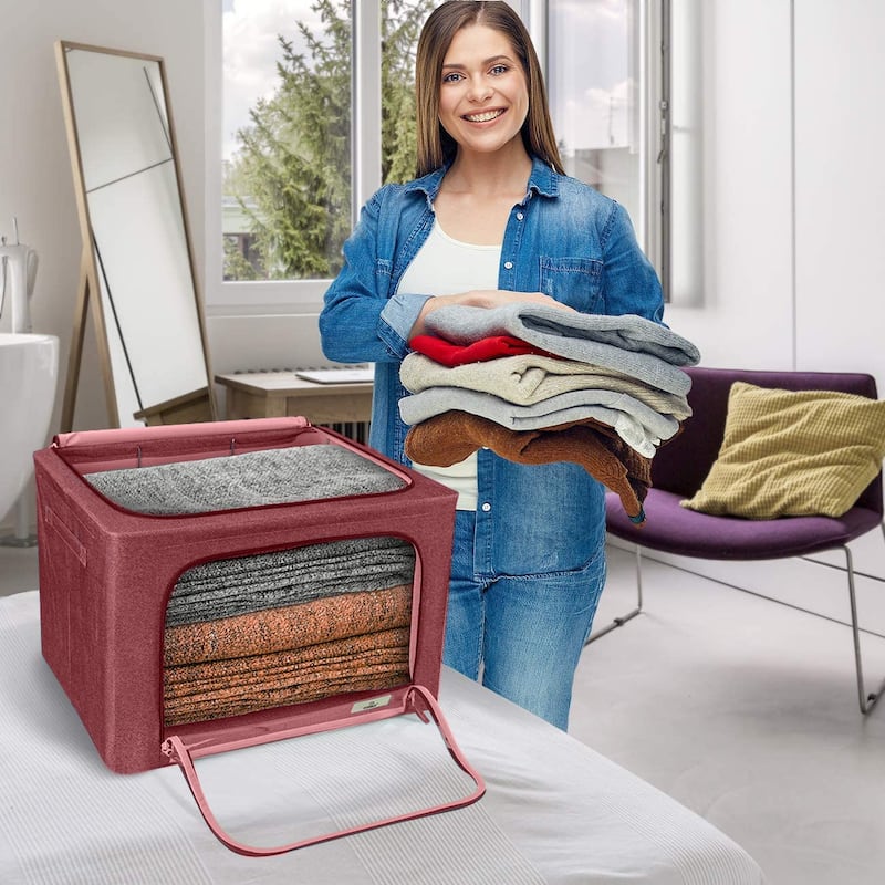 Sorbus Jumbo Storage Bins with Metal Frame Stackable Foldable Clothes Organizer Bags Oxford Fabric & Clear Window & Handles- 4Pk
