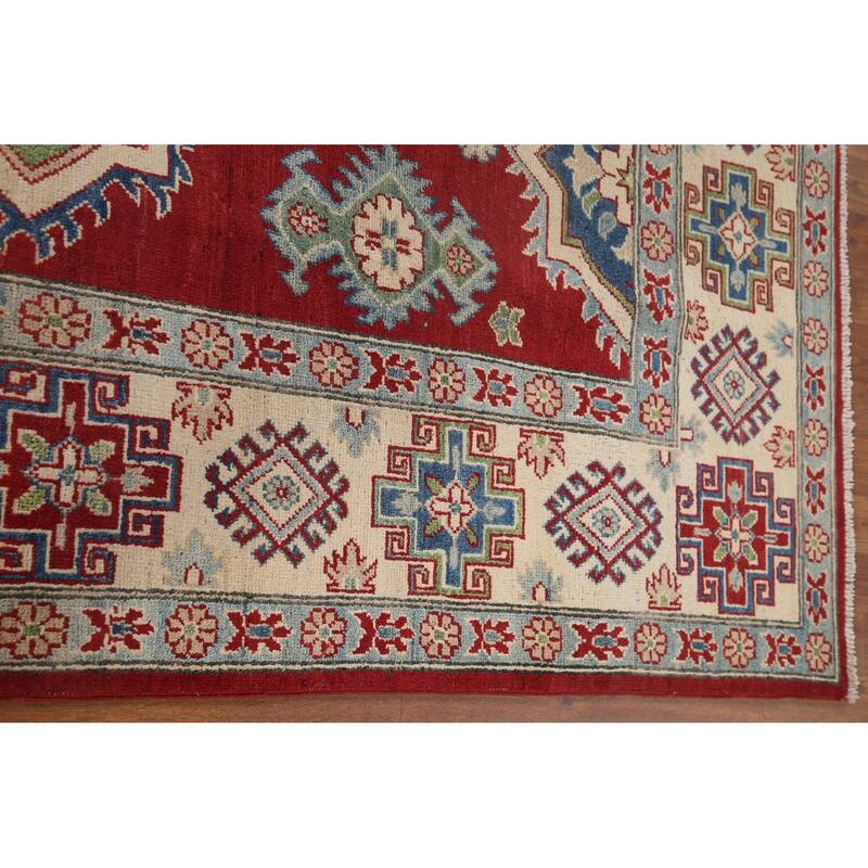 Hand Knotted Oriental 100% Wool Carpet Traditional Geometric Red Kazak Area Rug - 9' 9'' X 6' 7''