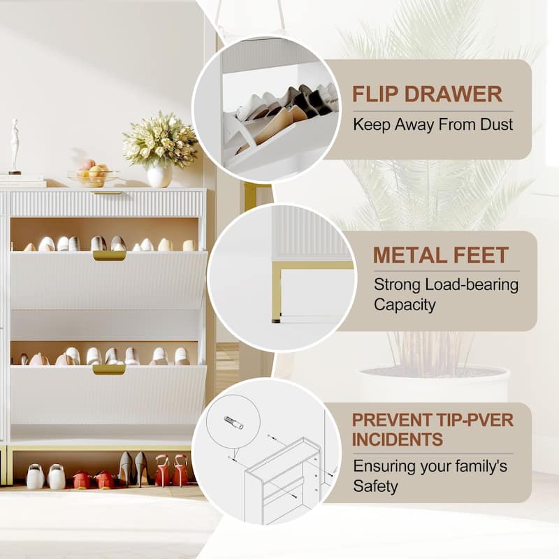 Slim Shoe Cabinet with 2 Flip Drawers & Top Drawer