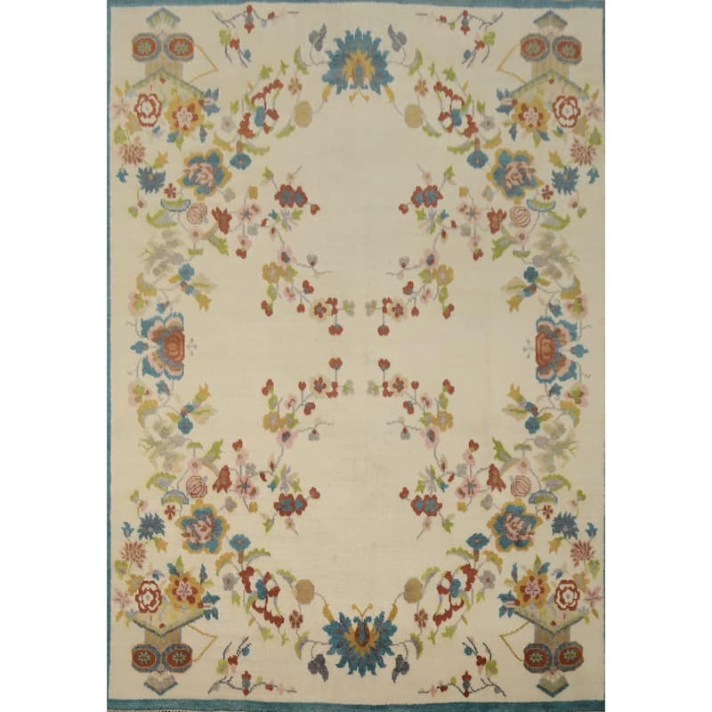 Hand Knotted Oriental 100% Wool Carpet Traditional Floral Beige & Ivories Art Deco Area Rug - 9' 7'' X 7' 10''