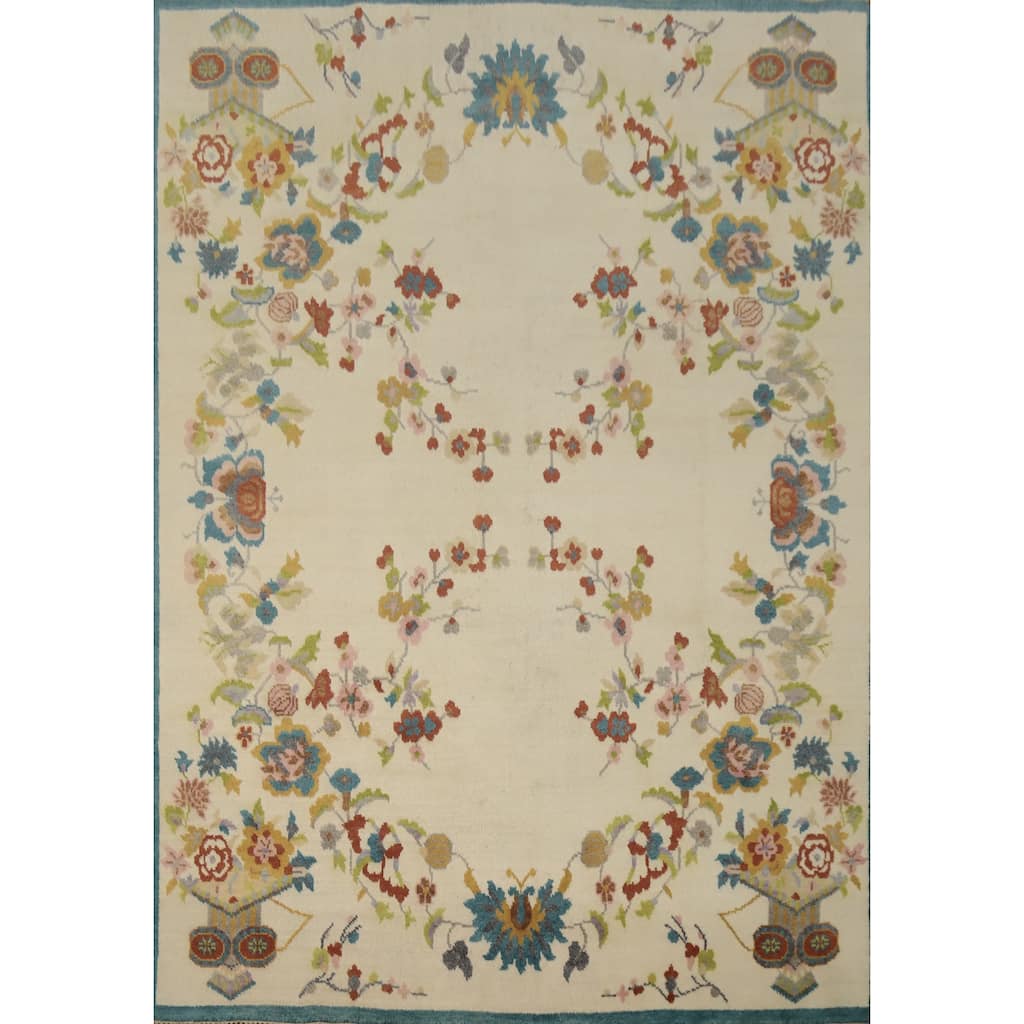Hand Knotted Oriental 100% Wool Carpet Traditional Floral Beige & Ivories Art Deco Area Rug - 9' 7'' X 7' 10''
