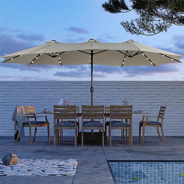 ikea patio umbrella lights AECOJOY 15ft with Solar Lights, Outdoor Large Patio Umbrella with Crank Handle and 156 PCS LED Lights, Rectangular Market Umbrella for Backyard Deck Pool in Beige(1.9