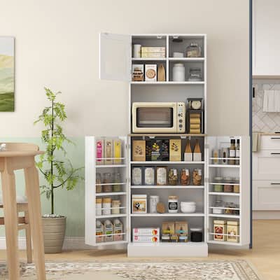 HOMCOM 66.5" Pantry Cabinet with Microwave Stand, Freestanding Kitchen Storage Cabinet with Hutch, 8 Door Shelves