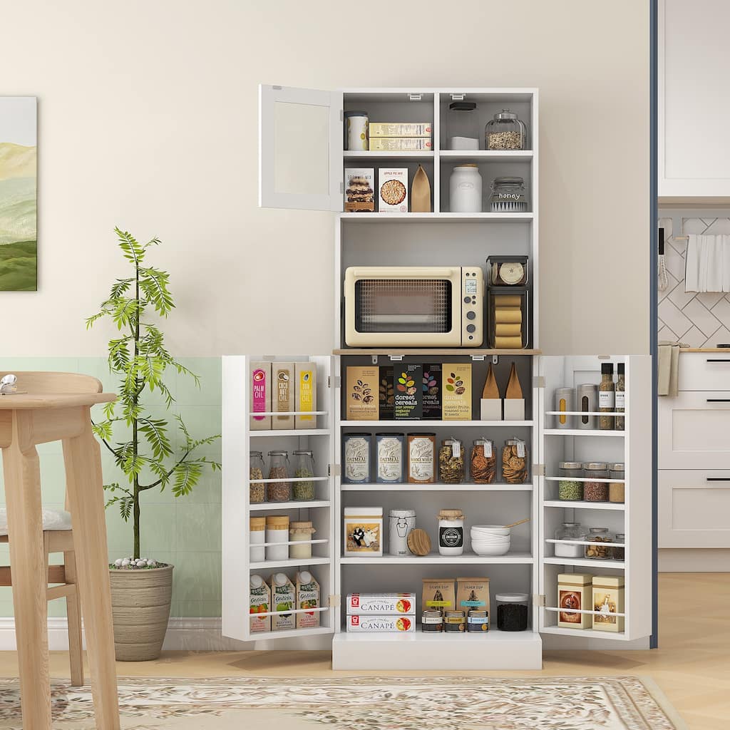 6-Tier Tall White Kitchen Pantry with Adjustable Shelves and Countertop Space Glass Doors - 23.6" W x 13.8" D x 66.5" H