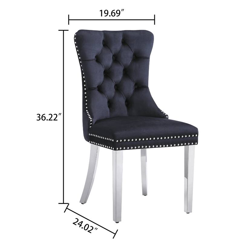 Stylish Black Velvet Dining Chairs with Silver Mirrored Finish Legs - Set of 2, 19.7"L x 24"D x 36.2"H, Chic Dining Room