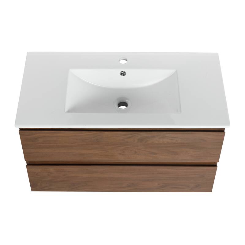 24" Floating Bathroom Vanity with Ceramic Basin, 2 Soft-Close Drawers, Eco-Friendly Plywood Construction