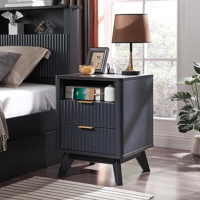 Modern Fluted Nightstand with Faux Marble Top, Side Table, End Table