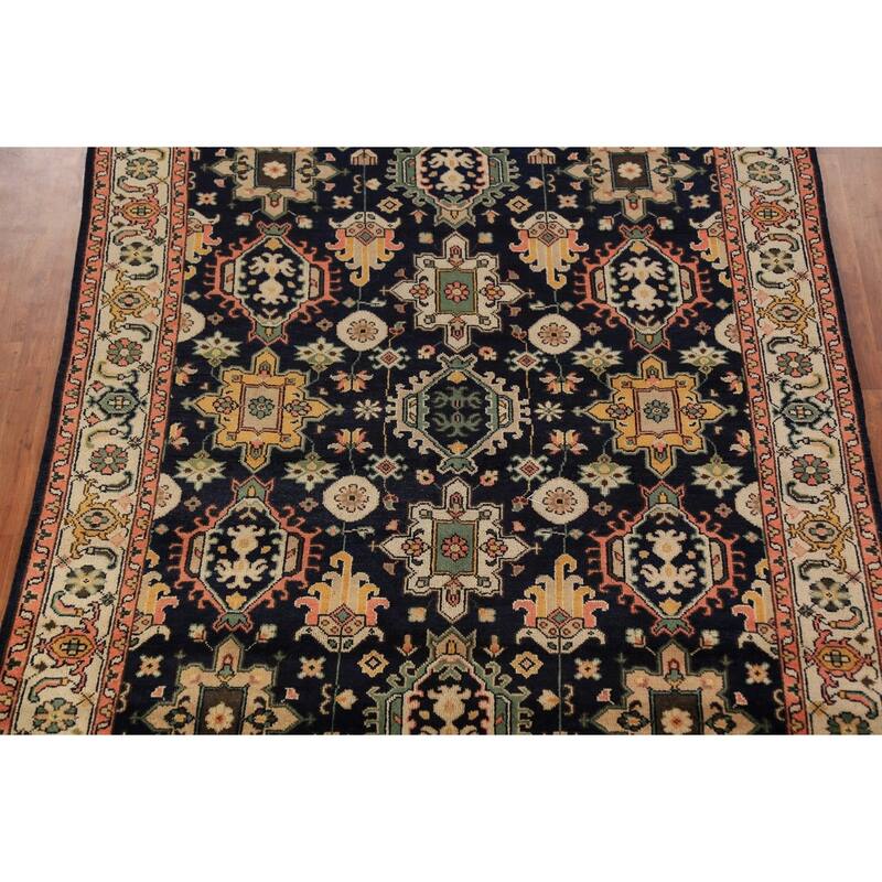Navy Blue Geometric Oushak Indian Area Rug Handmade Wool Carpet - 8'0"x 10'1"