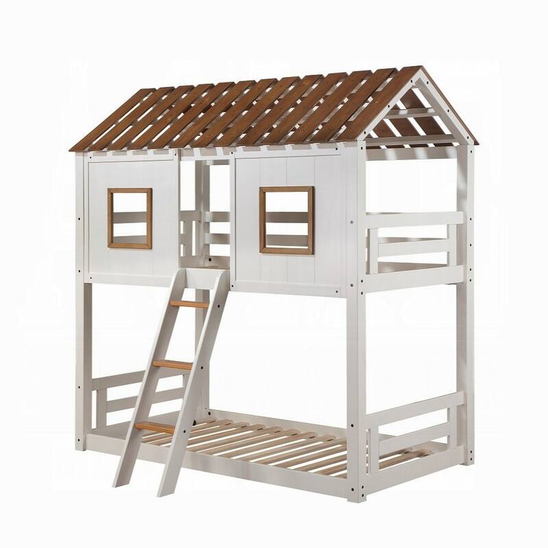 Nara Twin Size Bunk Bed, House Design with Ladder, White Rustic Wood