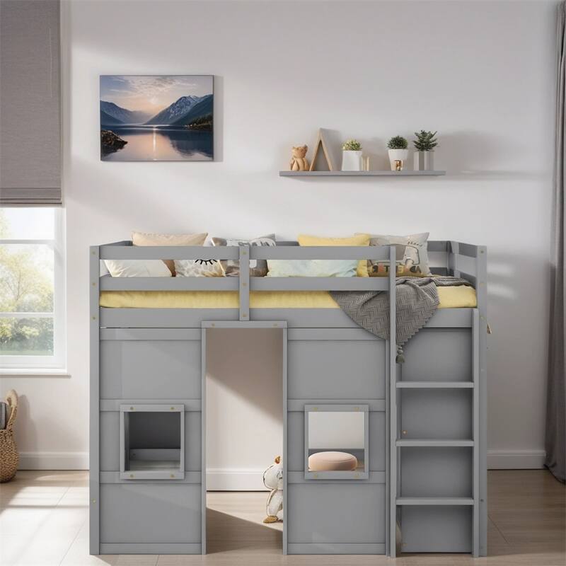 Twin Size Wood Loft Bed with Built-in Storage Wardrobe and Guardrails - Gray