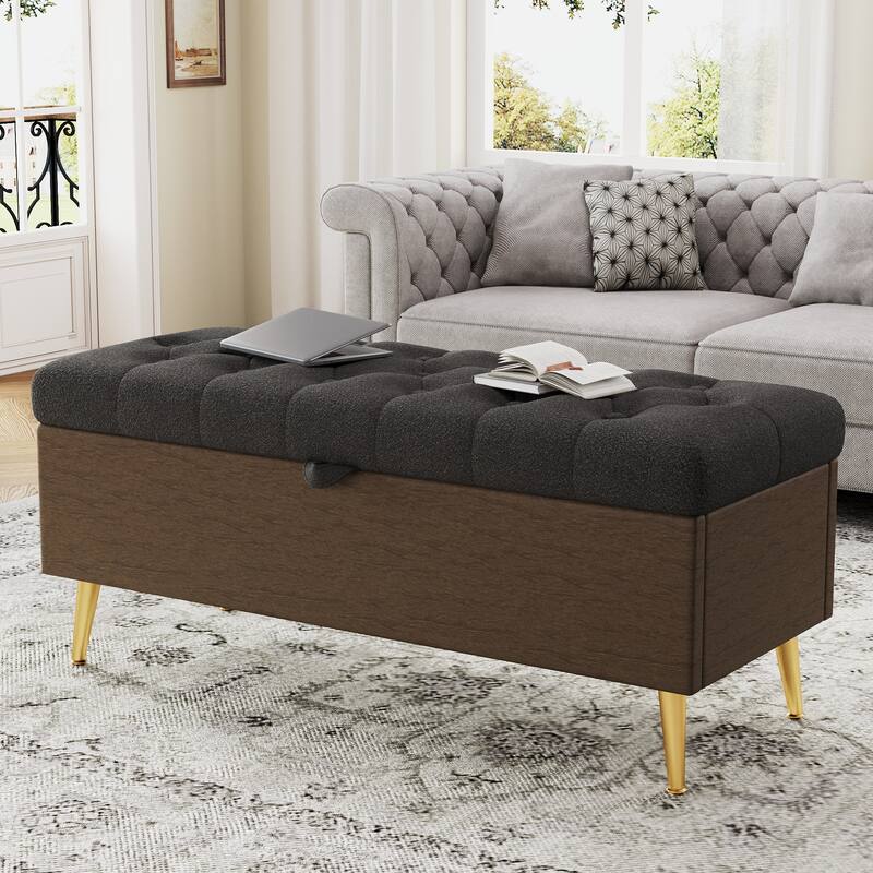 Roomfitters Modern Tufted Boucle Storage Ottoman Bench with Gold Metal Legs, Entryway End of Bed