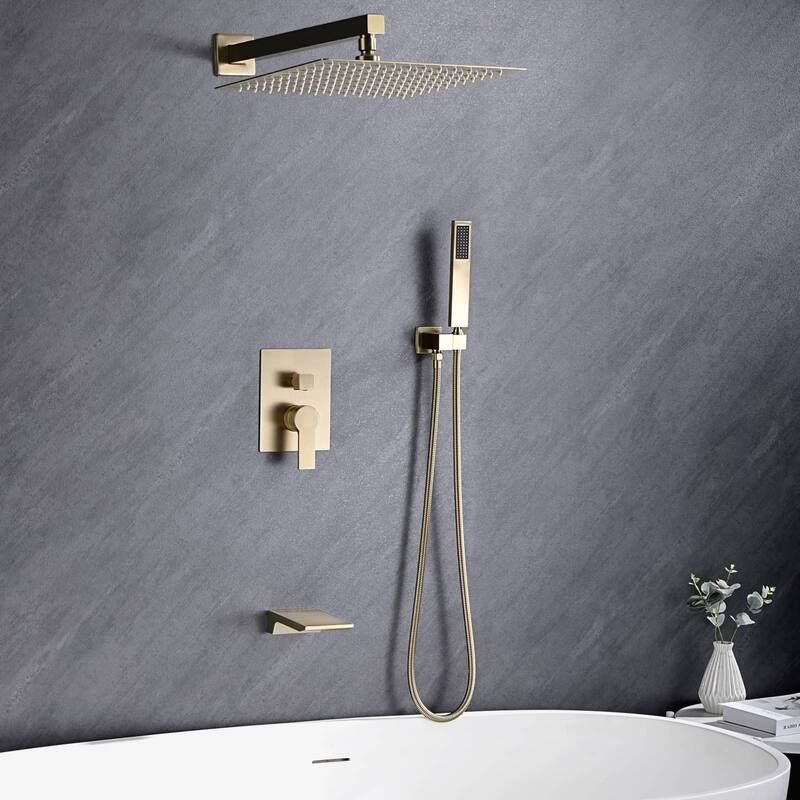 10 Inch Shower System With Tub Spout and Handheld Sprayer Rainfall Modern Wall Mount Tub Shower Faucet Set With Rough-in Valve