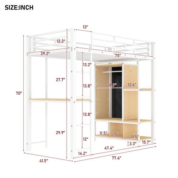 Contemporary Design Metal Loft Bed with Built-in Wardrobe, Desk and Shelves, Twin Size, White