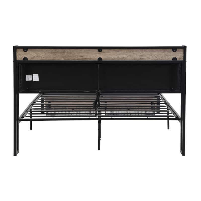 Black+ Gray Queen Size Metal Platform Bed with Drawers and Storage Headboard