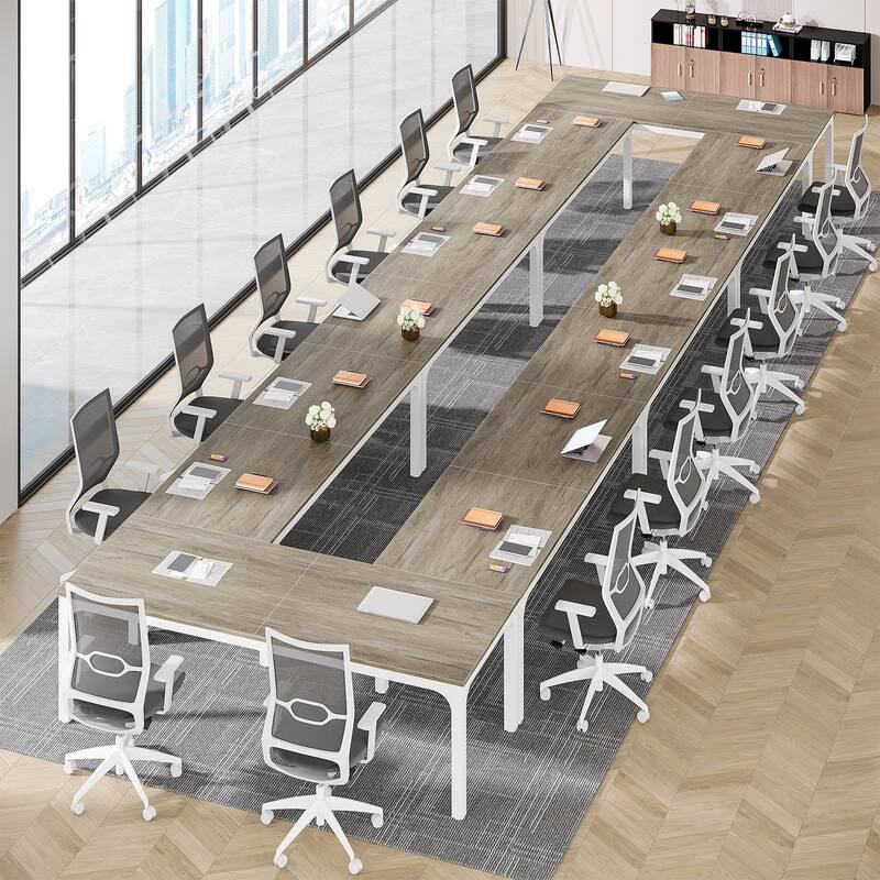 78.74-Inch Conference Table Set,13FT Conference Room Table, Large Rectangle Meeting Seminar Tables Set,Long Business Tables - GreyWhitex8