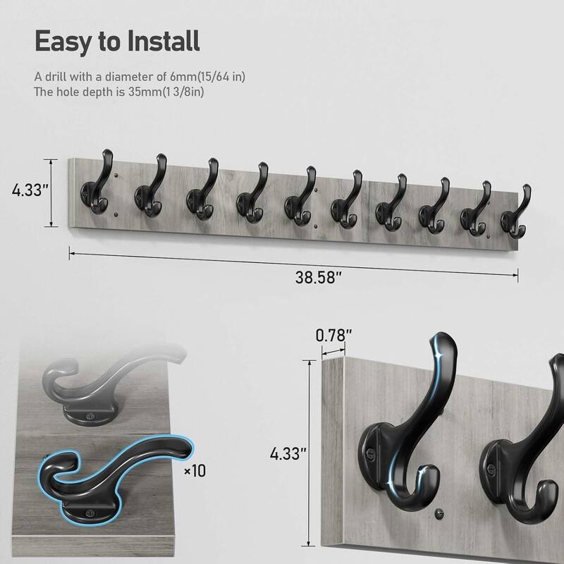 Coat Rack Wall Mount with 10 Hooks