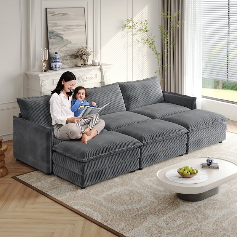 Convertible Sleeper Sofa Bed 109" Oversized Modular Sectional Sofa Deep Seat Corduroy Cloud Couch with 3 Ottomans