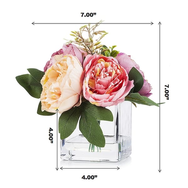 Enova Home Artificial Silk Peony Fake Flowers Arrangement in Clear ...