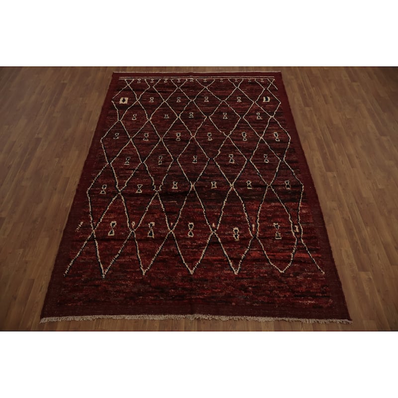 Hand Knotted Oriental 100% Wool Carpet Modern Geometric Red Moroccan Area Rug - 9' 11'' X 6' 10''