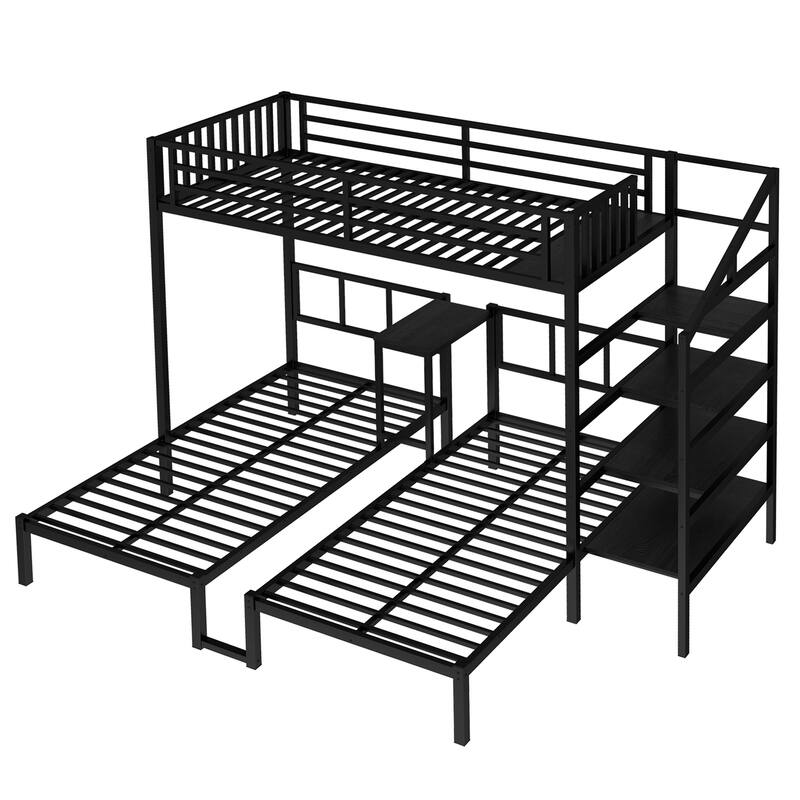 Roomfitters Twin XL over Twin & Twin Metal Triple Bunk Bed with Desk & Shelves, Space-Saving, Noise-Reduced Frame, Black