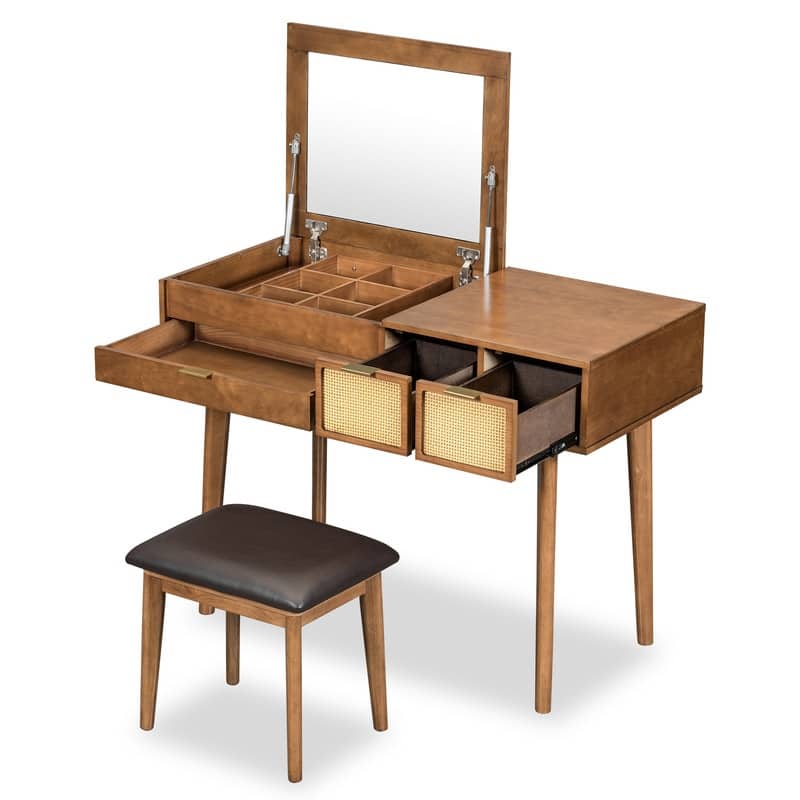 43.3" Classic Wood Makeup Vanity Set with Hidden Mirror, 3 Drawers & Upholstered Stool