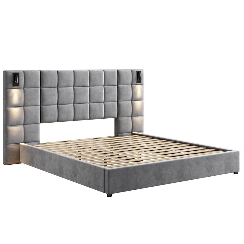 Grey Velvet Upholstered King Bed with Adjustable Reading Lamp and USB Port, Wide Headboard, No Box Spring Required