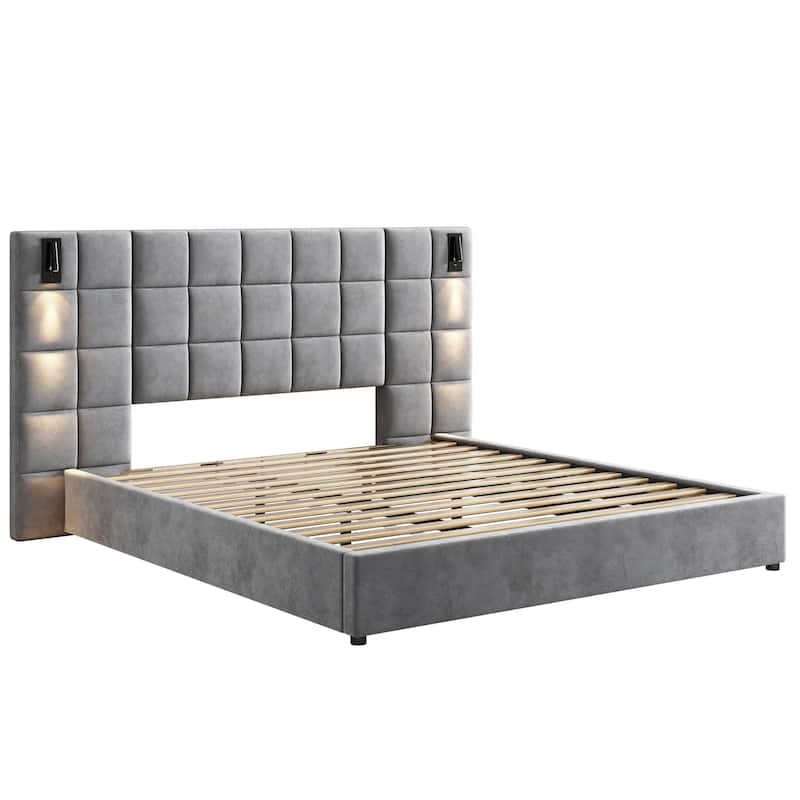 Upholstered King bed,with reading lamp and USB port, wide headboard,without bedside tables and mattress, velvet, grey