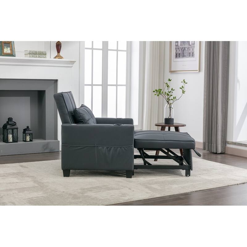 3-in-1 Convertible Sofa Chair,Pull Out Sleeper Chair with USB Ports and Cup Holders（Leather）